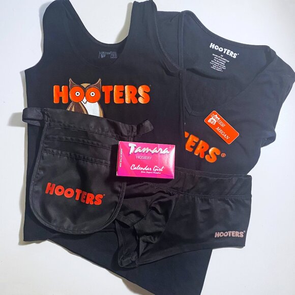 HOOTERS PRE-LOVED UNI - 2 TOPS BOOTIE SHORTS POUCH NAME TAG & NEW TAMARA TIGHTS - Picture 14 of 14